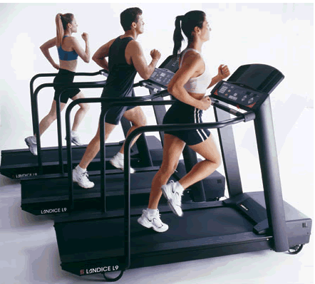 Three people running on treadmills in exercise clothes.