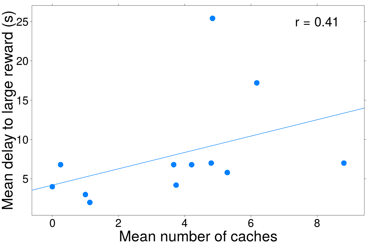Graph of mean number of caches on the x-axis and mean delay to large reward (in seconds) on the y-axis. Pattern show a correlation coefficient (r) of 0.41 with dots showing individual points and a regression line tilted up and to the right.