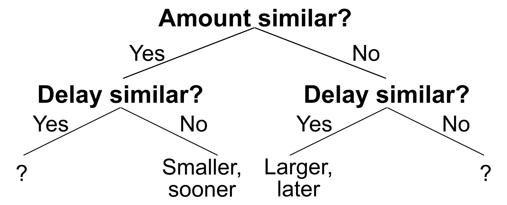Decision tree of similiarity model with first note as 'Amount similar?' with branches 'Yes' and 'No'. The next level of nodes are both 'Delay similar?' with branches 'Yes' and 'No'. If Amount is similar and Delay is not, the terminal node is 'Smaller, sooner'. If Amount is not similar and Delay is similar, the terminal node is 'Larger, later'. If Amount and Delay are both either similar or not similar, the terminal node is a question mark.
