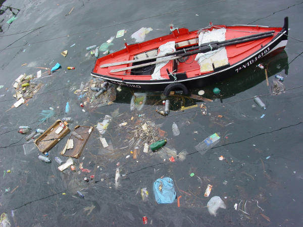 Water with plastics, trash, and an oily sheen.