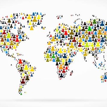 Stylized map of the world made up of figures of people in different colors.